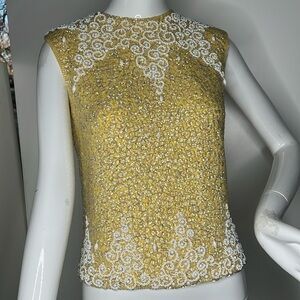Diane Imports Sz S Yellow And White Sequins Pearls Back Zip Wool Lined Tank Top
